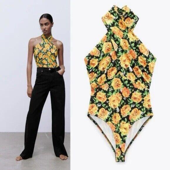 Zara High Halter Neck Twist Ruched Floral Stretch Bodysuit Yellow Sz SMALL NWT! - Picture 9 of 11